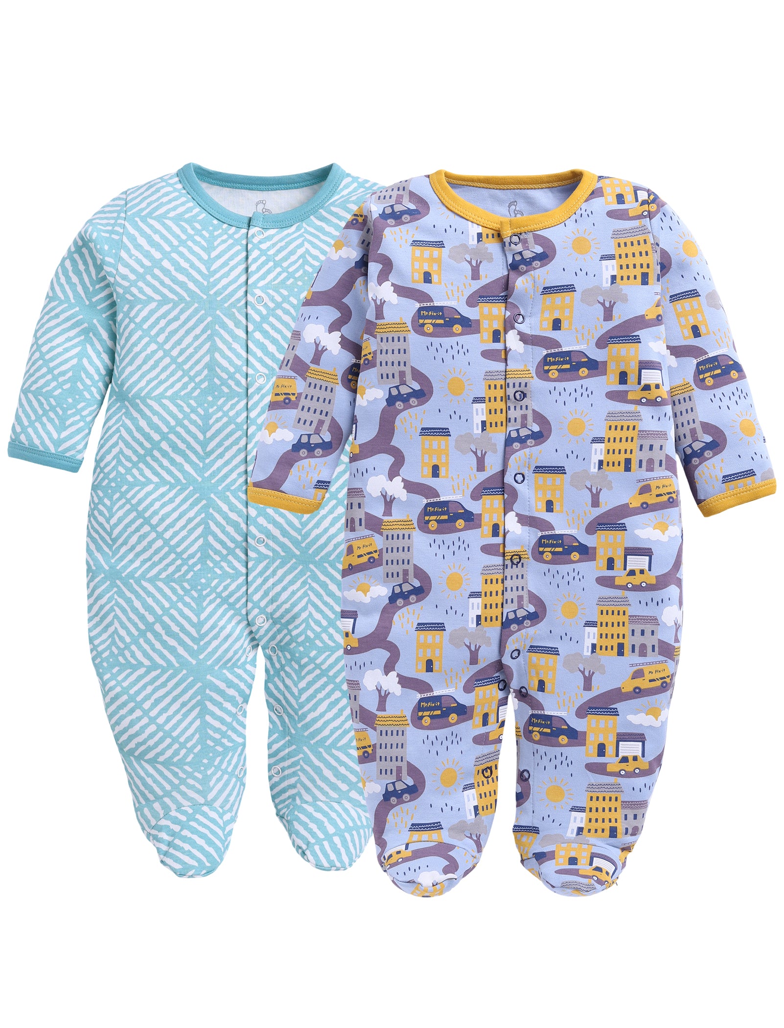 Full Sleeve Romper for Boys - Sea Green & Yellow