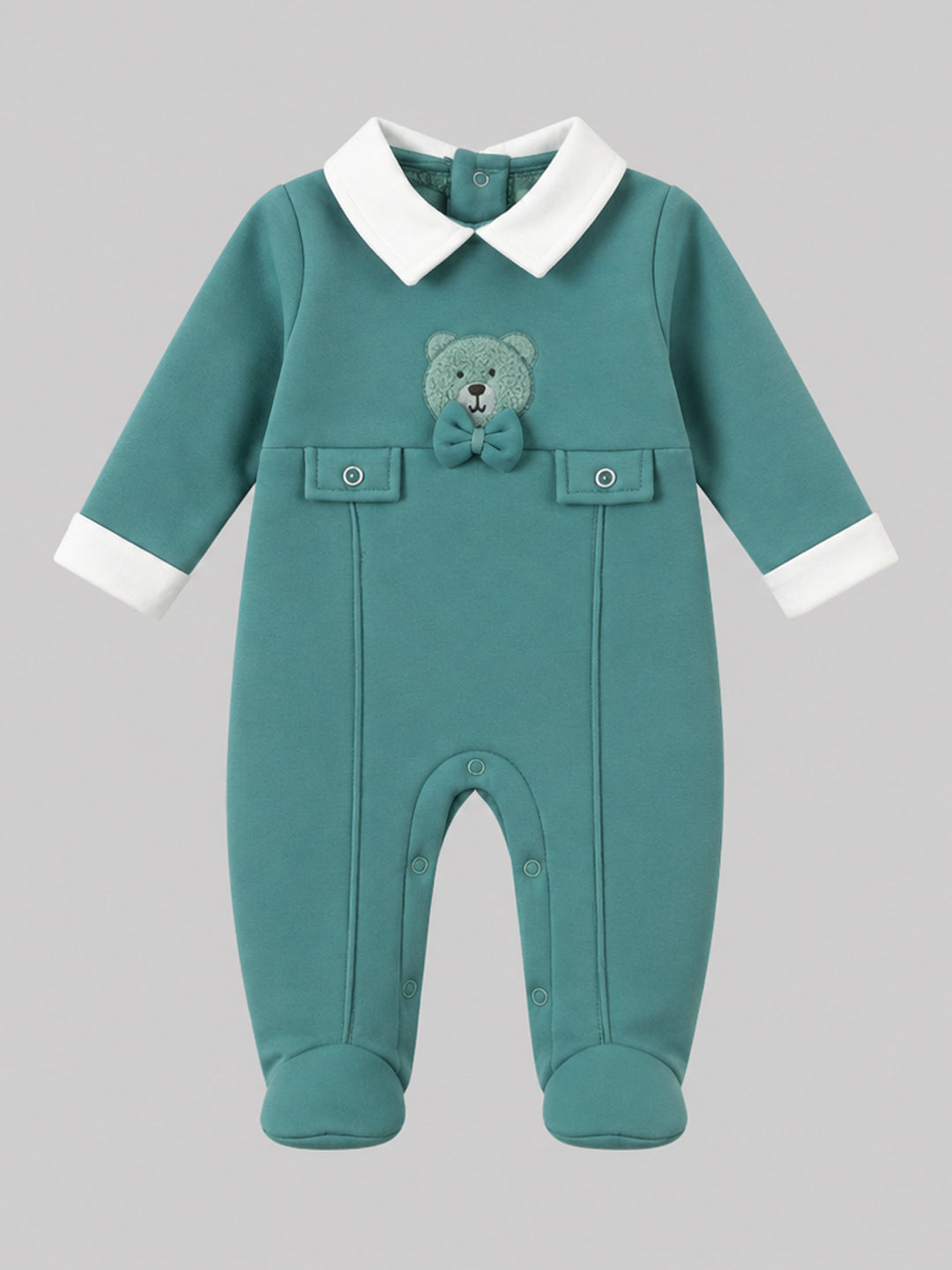 Teddy Bear Collared Full Sleeve Romper for Boys - Teal & White