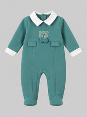 Teddy Bear Collared Full Sleeve Romper for Boys - Teal & White