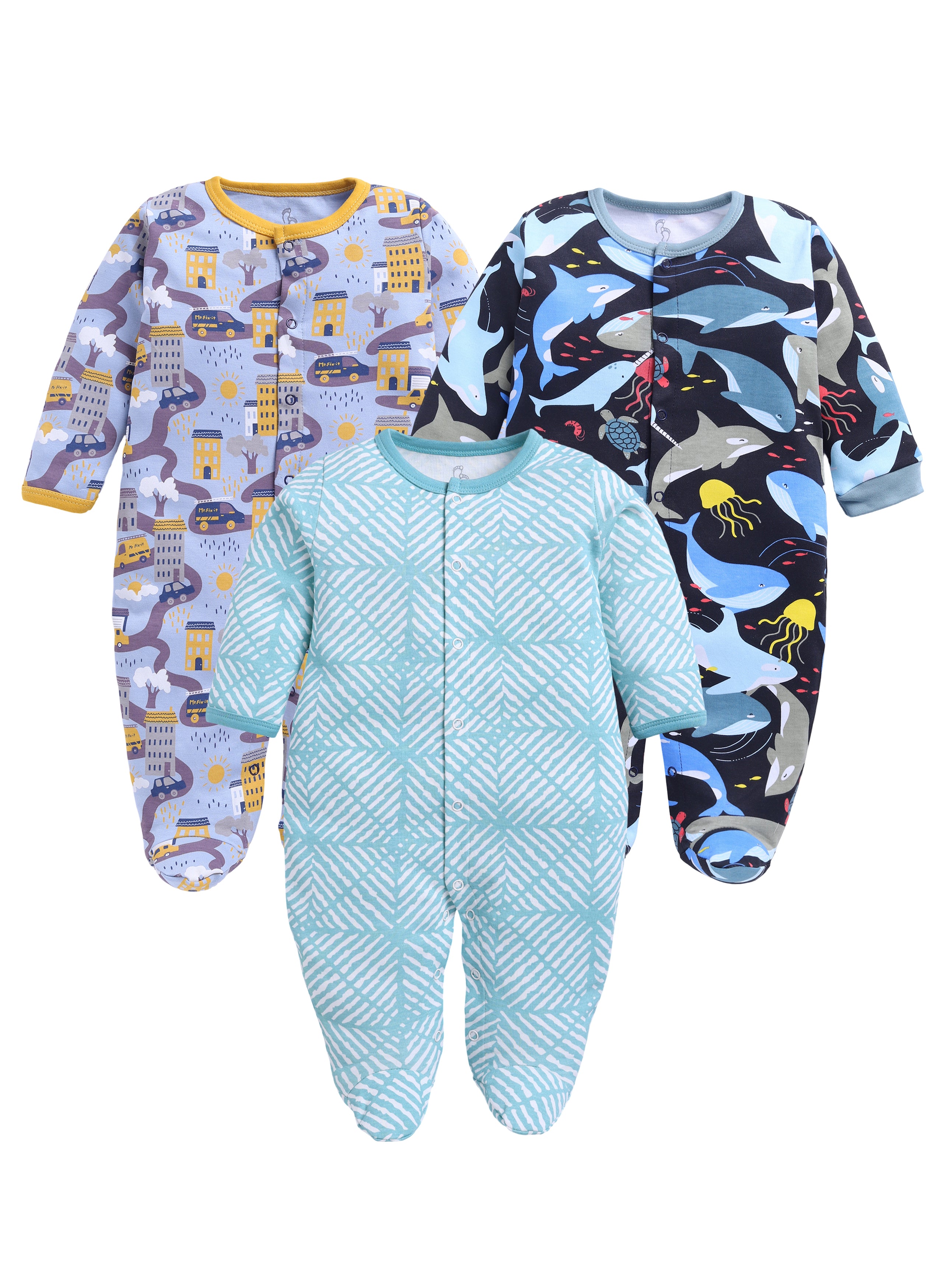 Full Sleeve Romper for Boys - Sea Green & Yellow & Navy