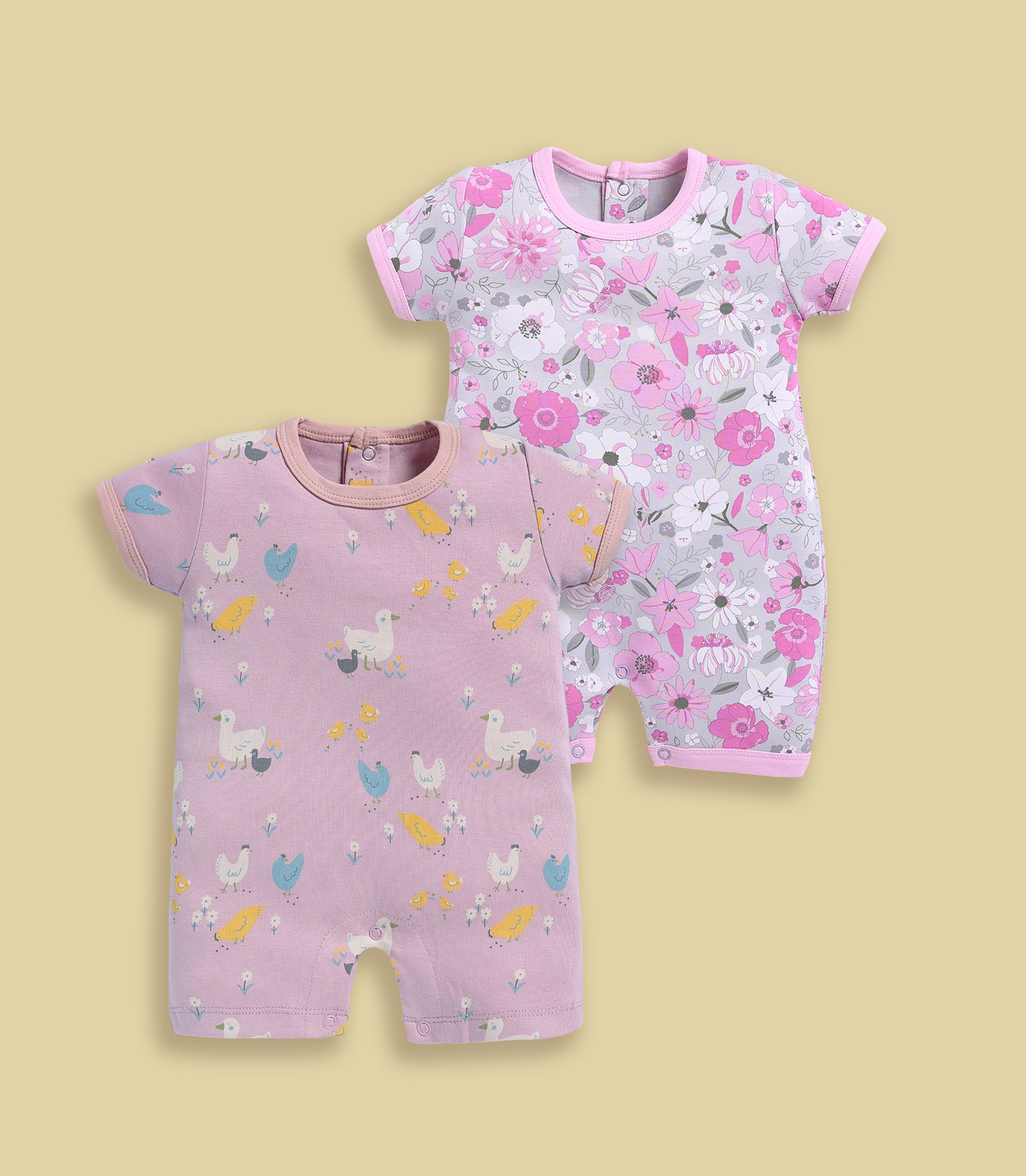 Half Sleeve Romper for Girls - Stone & Pink