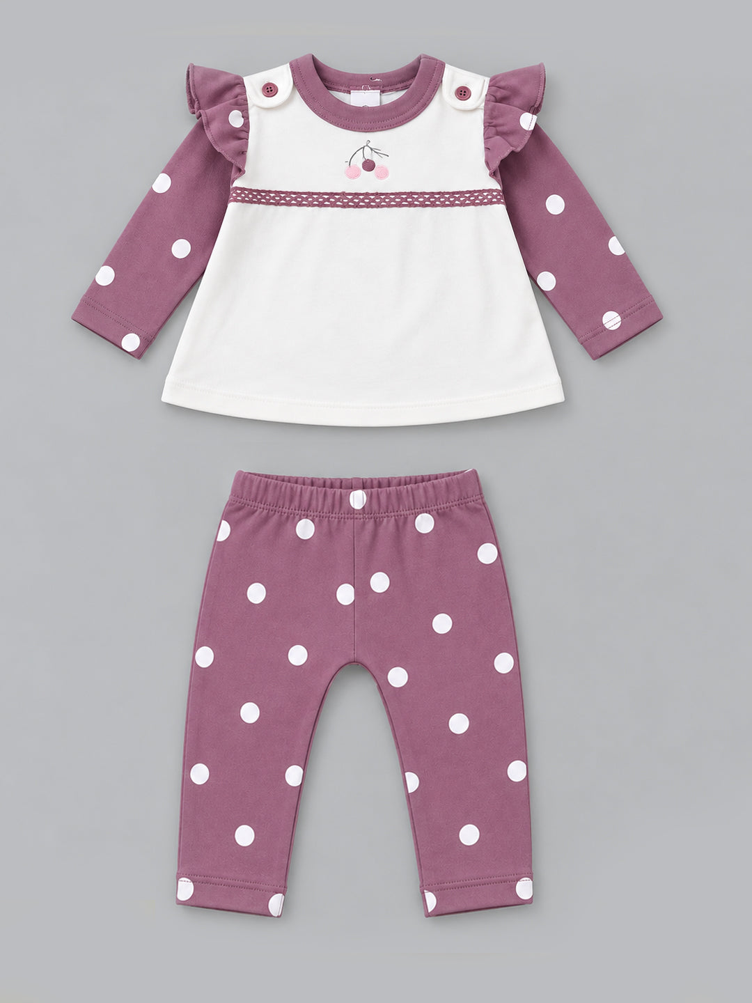 Cherry Embroidered Ruffled Polka Dot Full Sleeve Top and Bottom for Girls - Off-White & Mauve