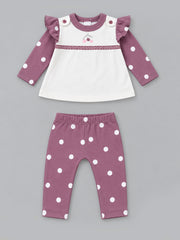 Cherry Embroidered Ruffled Polka Dot Full Sleeve Top and Bottom for Girls - Off-White & Mauve