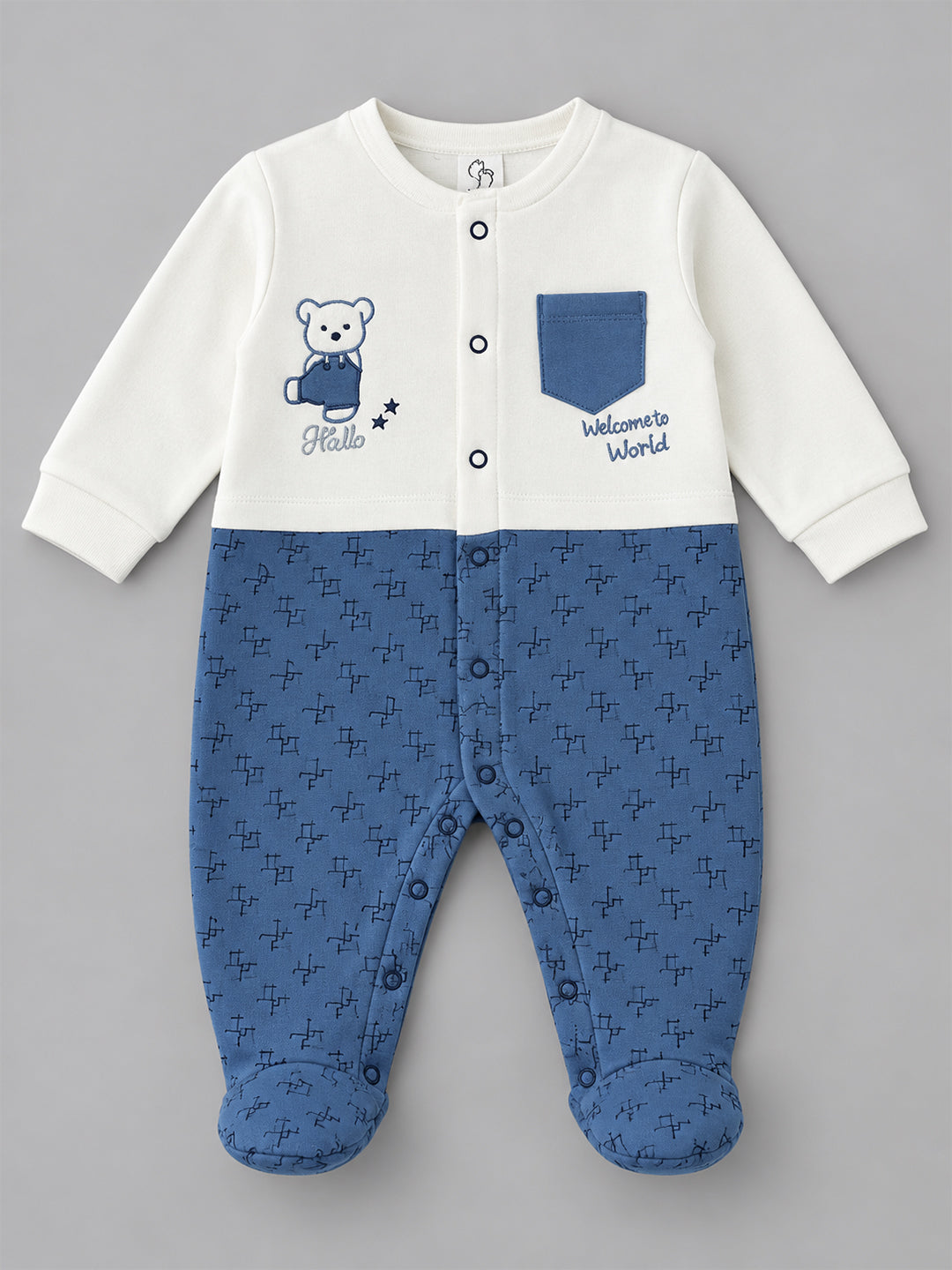 Bear Patterned Footed Full Sleeve Romper for Boys - White & Blue