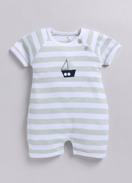 Baby Boy Ship embroidered half sleeves Romper-Green