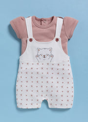 Half Sleeve Dungaree for Girls - Peach Happy Kitty
