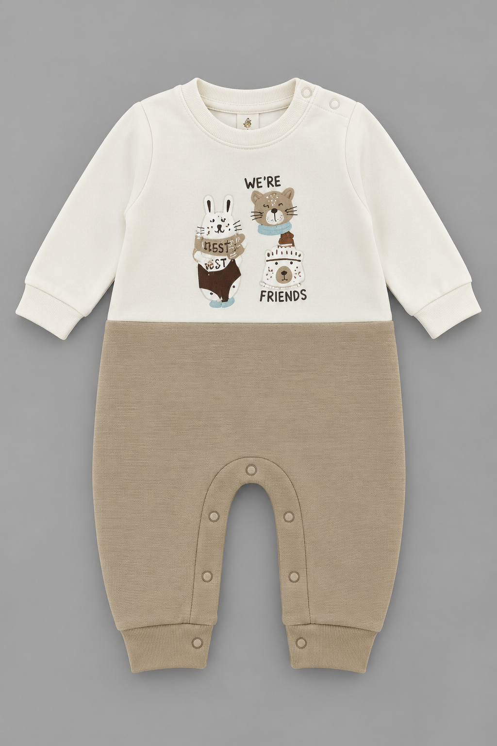 Animal Embroidered Full Sleeve Romper for Boys - Off-White & Beige