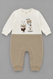 Animal Embroidered Full Sleeve Romper for Boys - Off-White & Beige