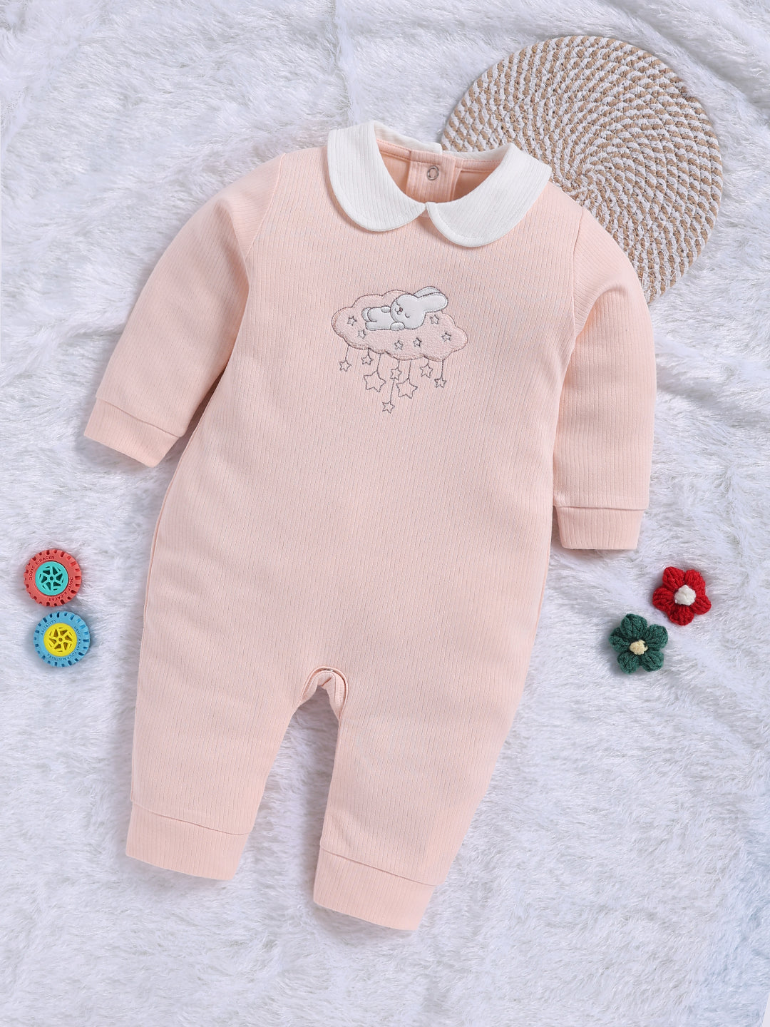 Full Sleeve Romper for Girls – Peach Peter Pan Collar Ribbed