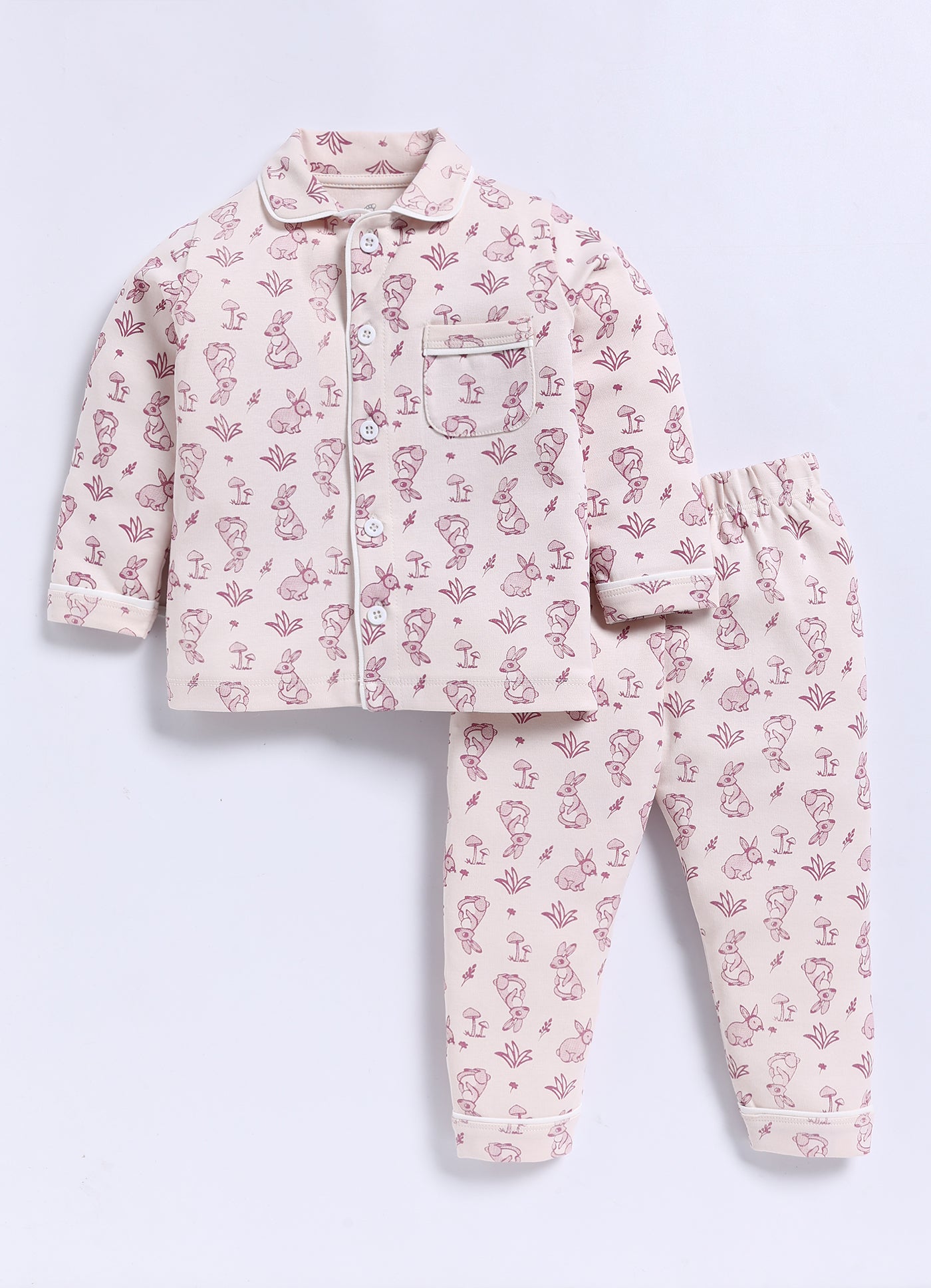 Full-Sleeve Nightsuits for Girls - Cream Rabbits and Mushrooms