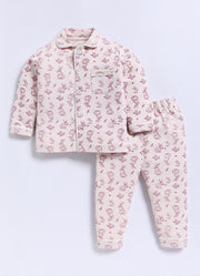 Full-Sleeve Nightsuits for Girls - Cream Rabbits and Mushrooms