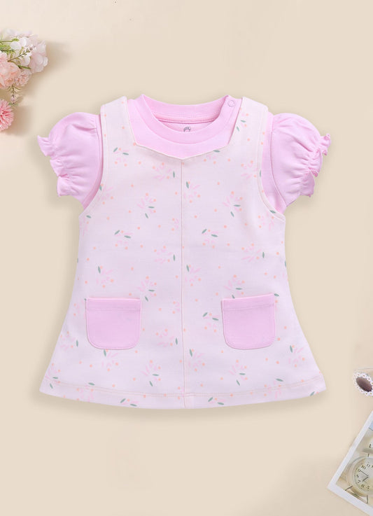 Baby Girl Floral Print Pinafore Dress with Layered Top-PINK