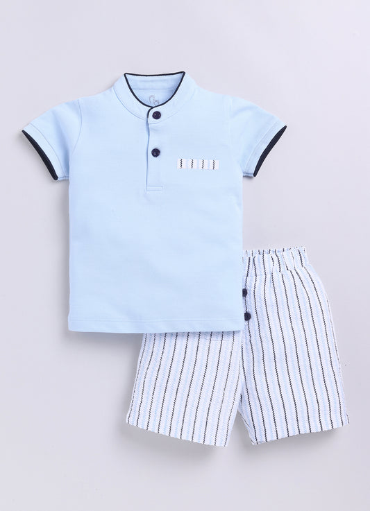 Baby Boy Blue T Shirt & Striped Short-SKY BLUE