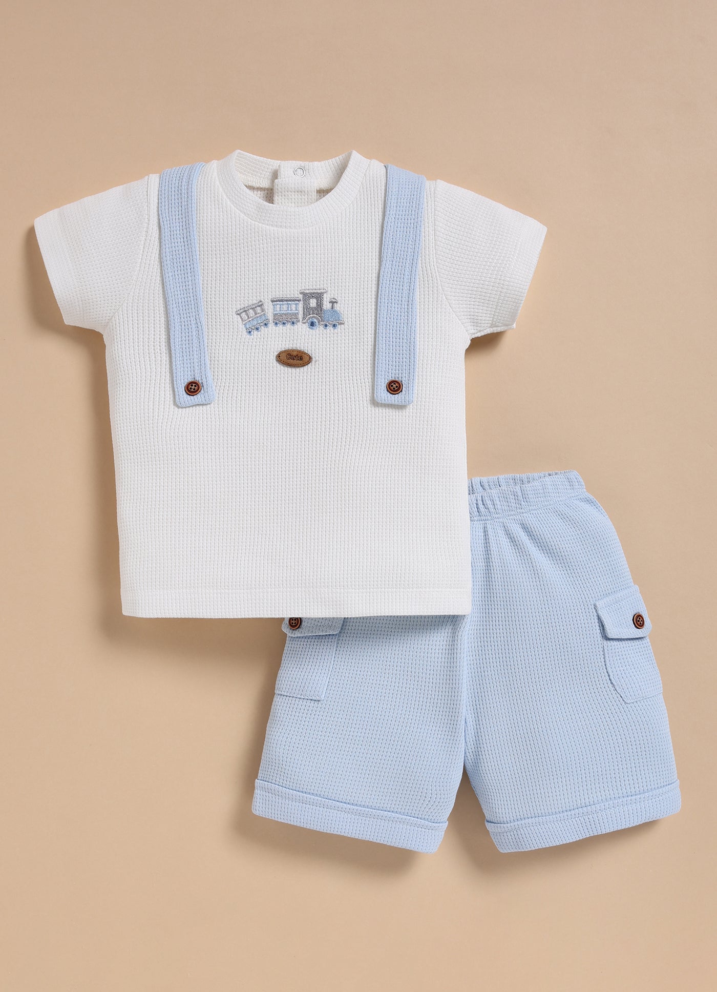 Half-Sleeve Top & Bottom For Boys - Sky Blue Train