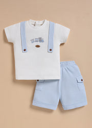 Half-Sleeve Top & Bottom For Boys - Sky Blue Train