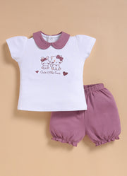 Half-Sleeve Top & Bottom For Girls - Mauve Cute Little Friends