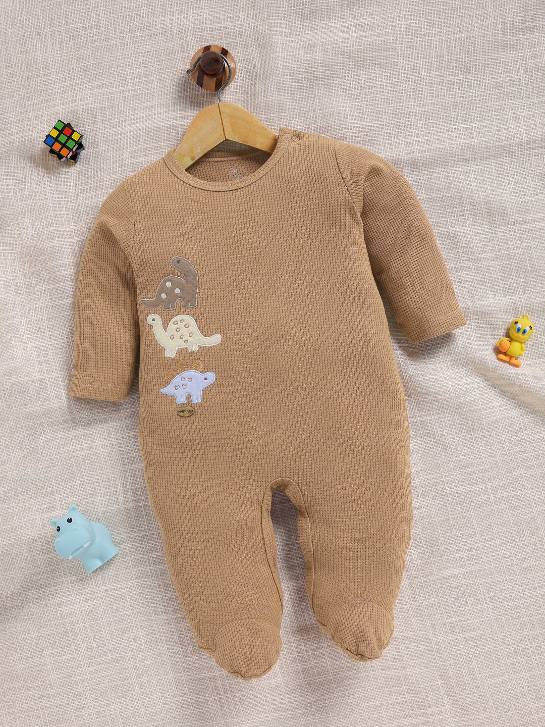 Full Sleeve Romper for Boys – Brown Waffle-Knit Dinosaur Footie