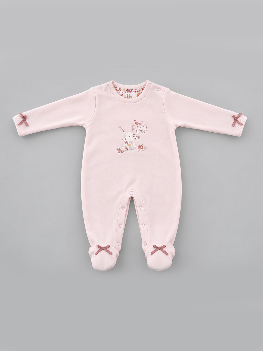 Bow-Accented Bunny Embroidered Footed Full Sleeve Romper for Girls - Light Pink