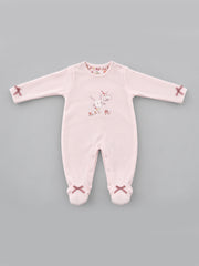 Bow-Accented Bunny Embroidered Footed Full Sleeve Romper for Girls - Light Pink