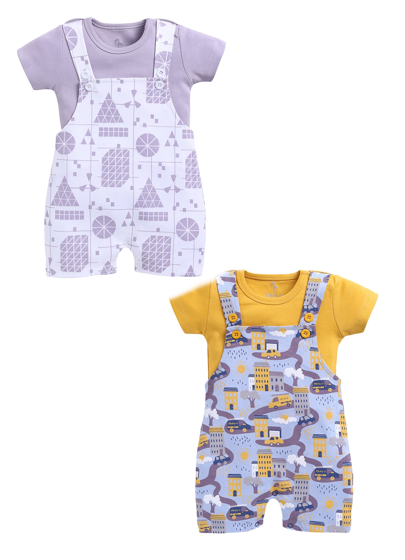 Half Sleeve Dungaree for Boys - Yellow & Off-White