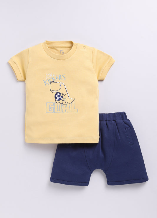 Baby Boy Dinosaur Printed Half T shirt & Short Set-Lemon