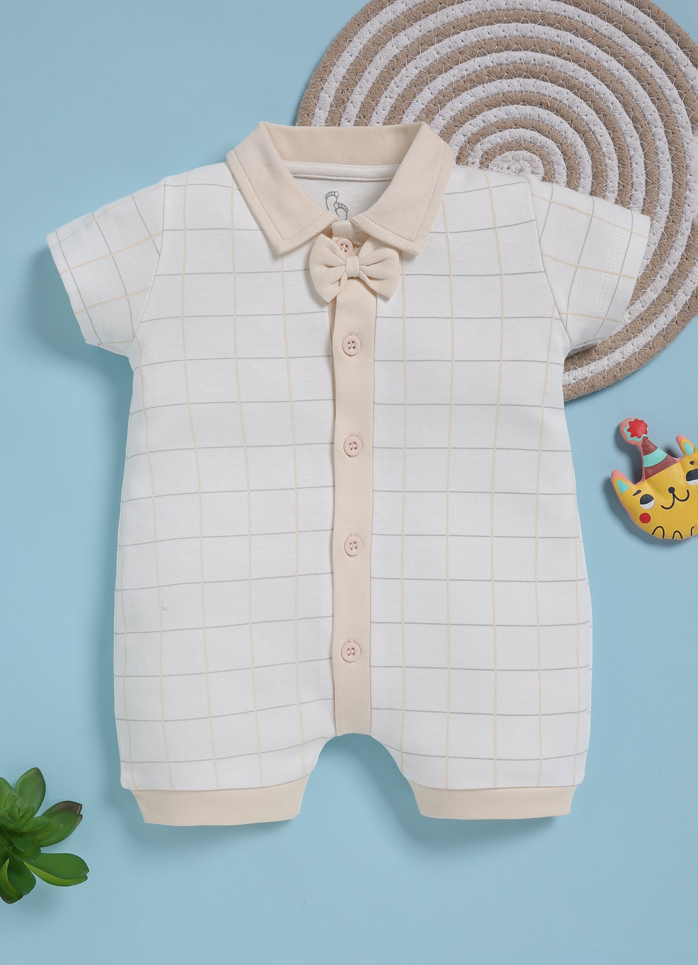 Half-Sleeve Romper for Boys – White Checked Bow Classic