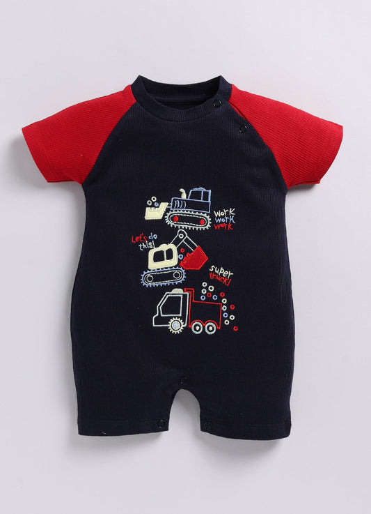 Work, Work, Work Playtime Baby Boy Summer Romper, Construction Fun-NAVY
