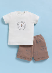 Half-Sleeve Top & Bottom For Boys - Pastel Brown Kitty