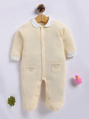 Full Sleeve Romper for Girls – Cream Floral Collar Ribbed Waffle