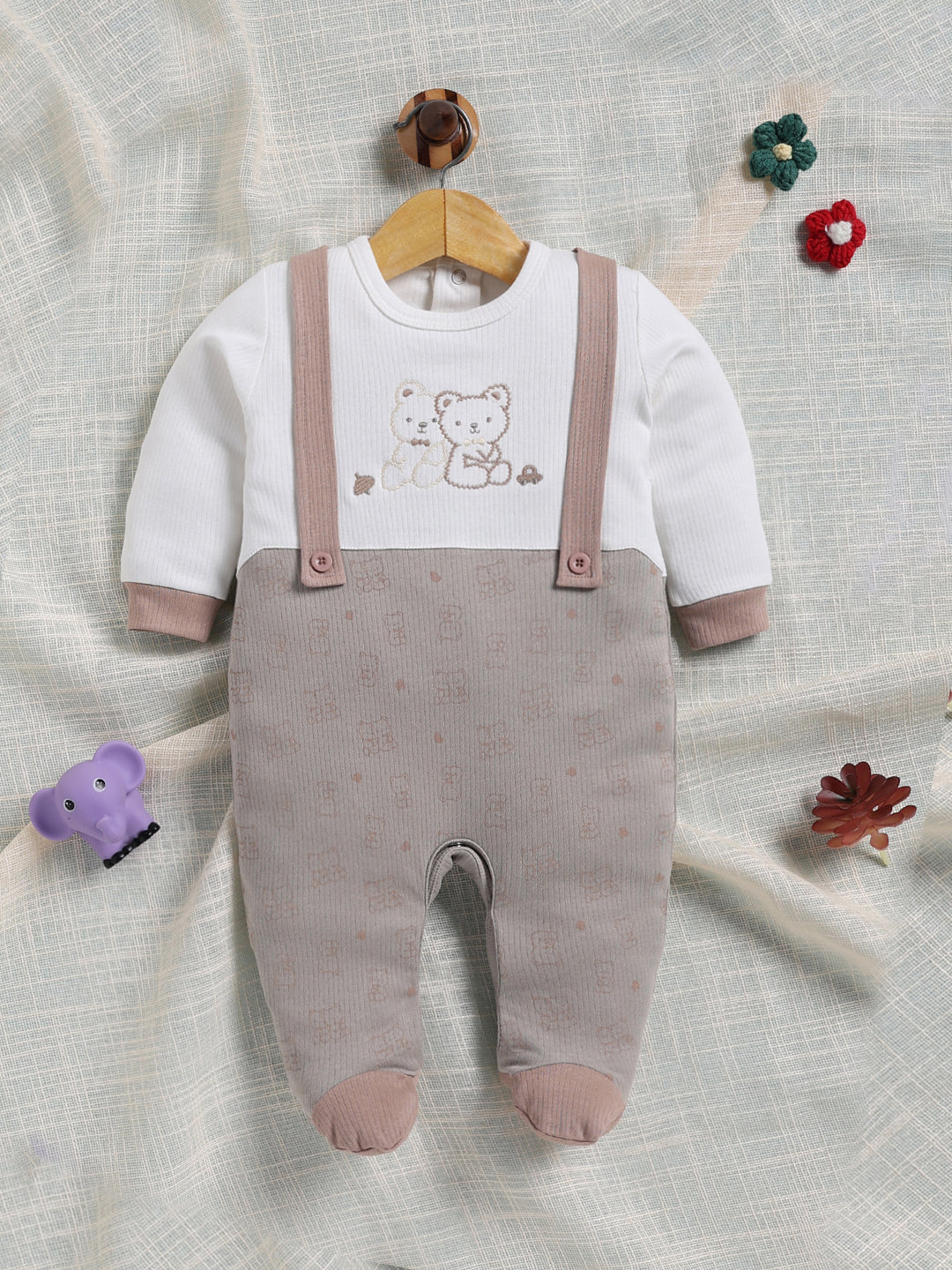 Full Sleeve Romper for Boys – Light Grey Beige Style Ribbed Footie