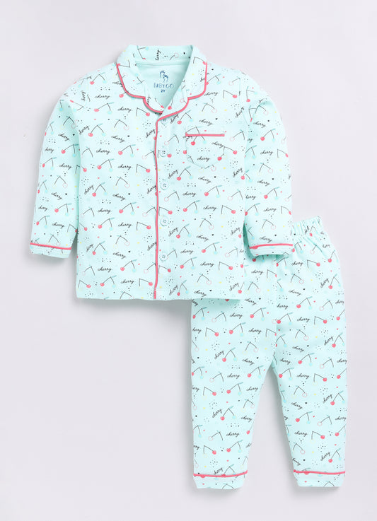 Cherry Printed Baby Girl Night Suit-LIGHT GREEN