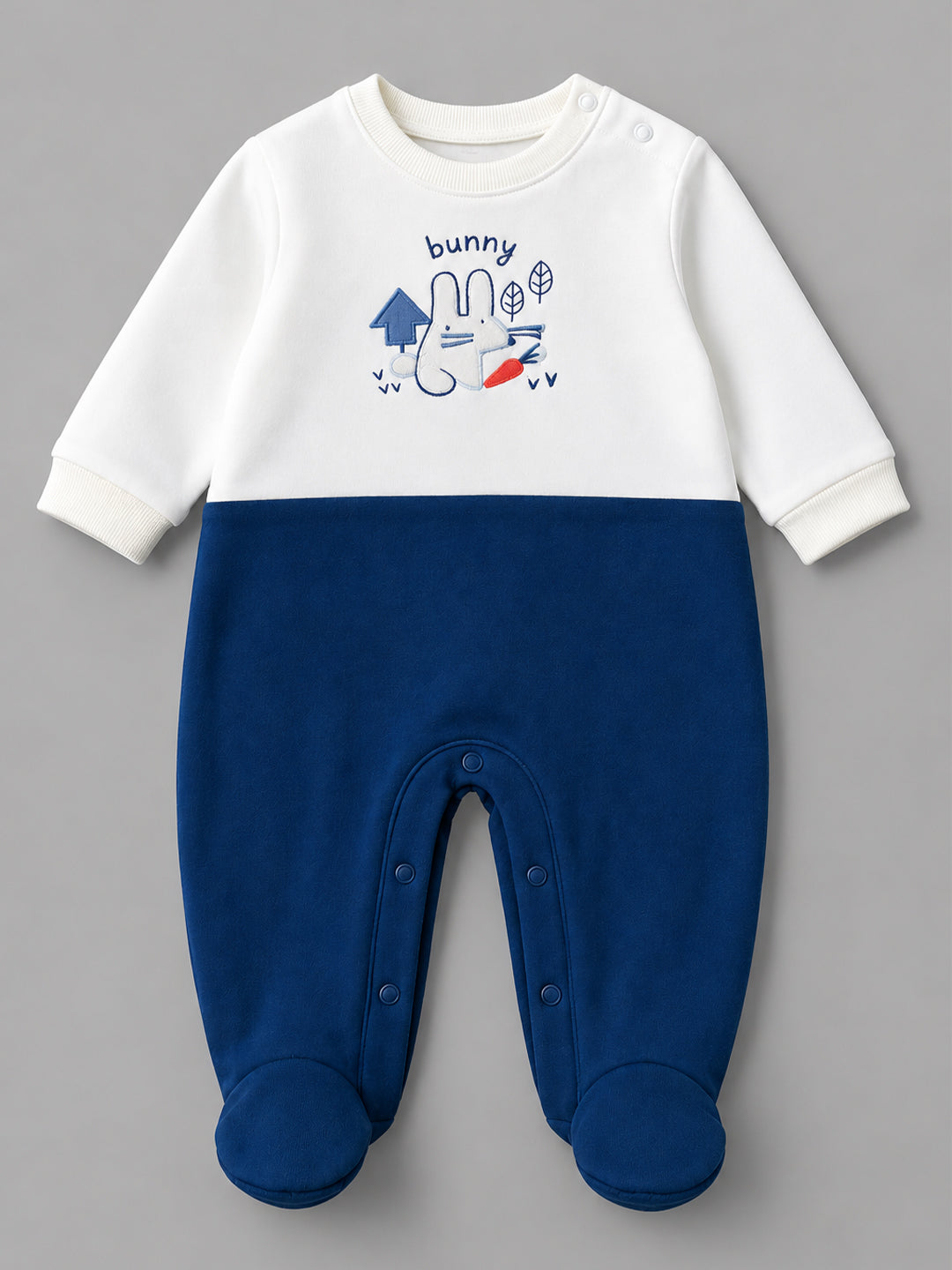 Bunny Embroidered Footed Full Sleeve Romper for Boys - White & Royal Blue