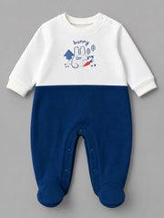 Bunny Embroidered Footed Full Sleeve Romper for Boys - White & Royal Blue