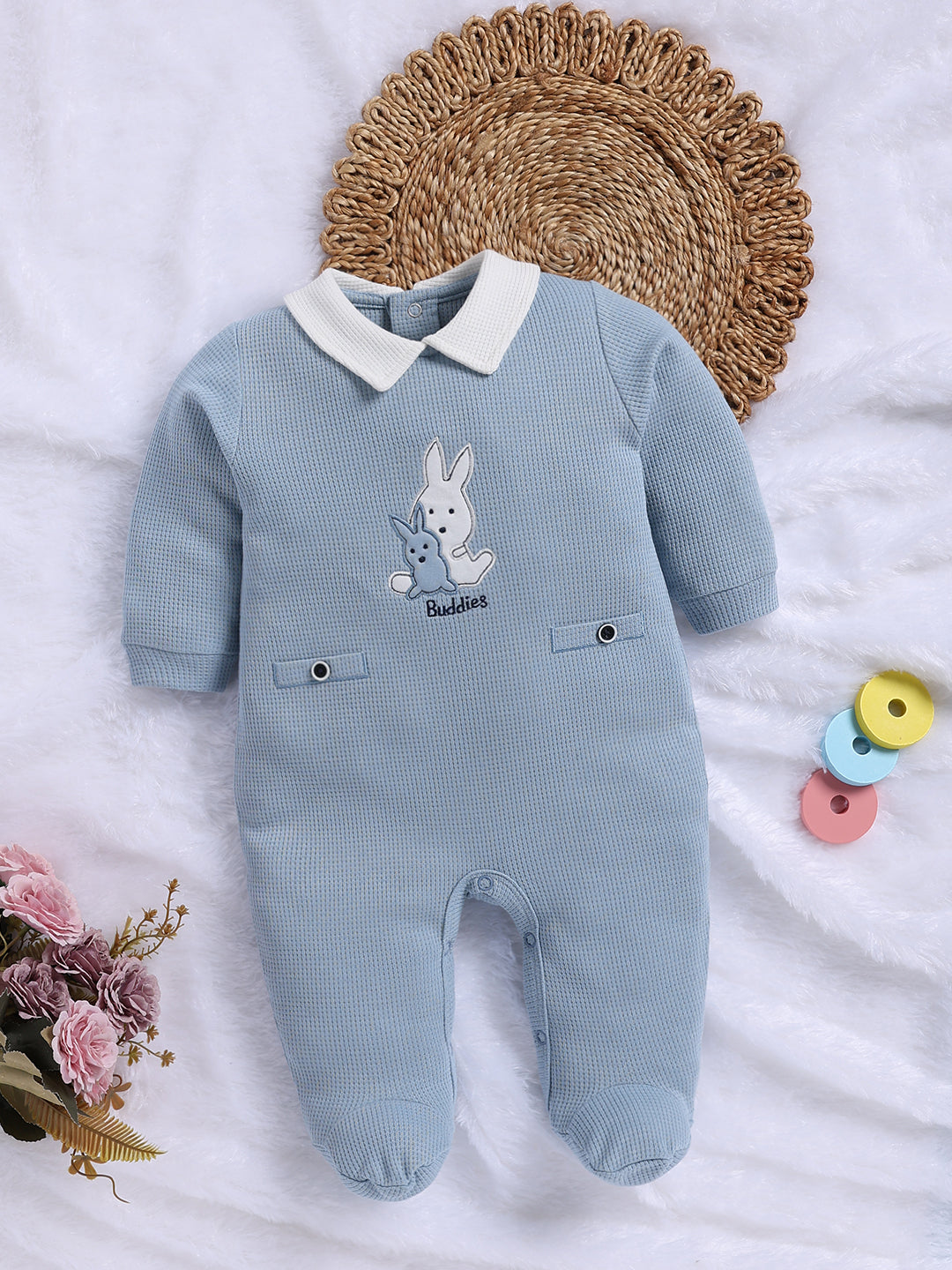 Full Sleeve Romper for Boys – Pastel Blue Waffle-Knit Bunny Footie