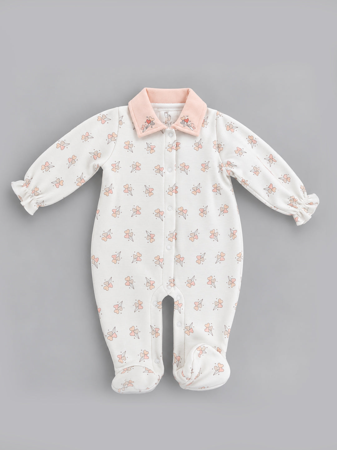 Sweet Heart Balloon Collared Full Sleeve Romper - Off-White & Pastel Pink