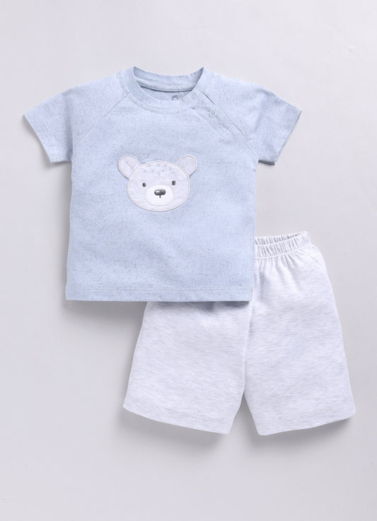 Baby Boy Speckled Top with Bear Pattrned & Light Gray Elastic Waist Shorts-Blue