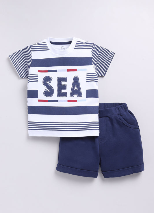 Baby Boy SEA Printed & Nautical Stripes Half T-Shirt and Shorts Set-Navy Blue