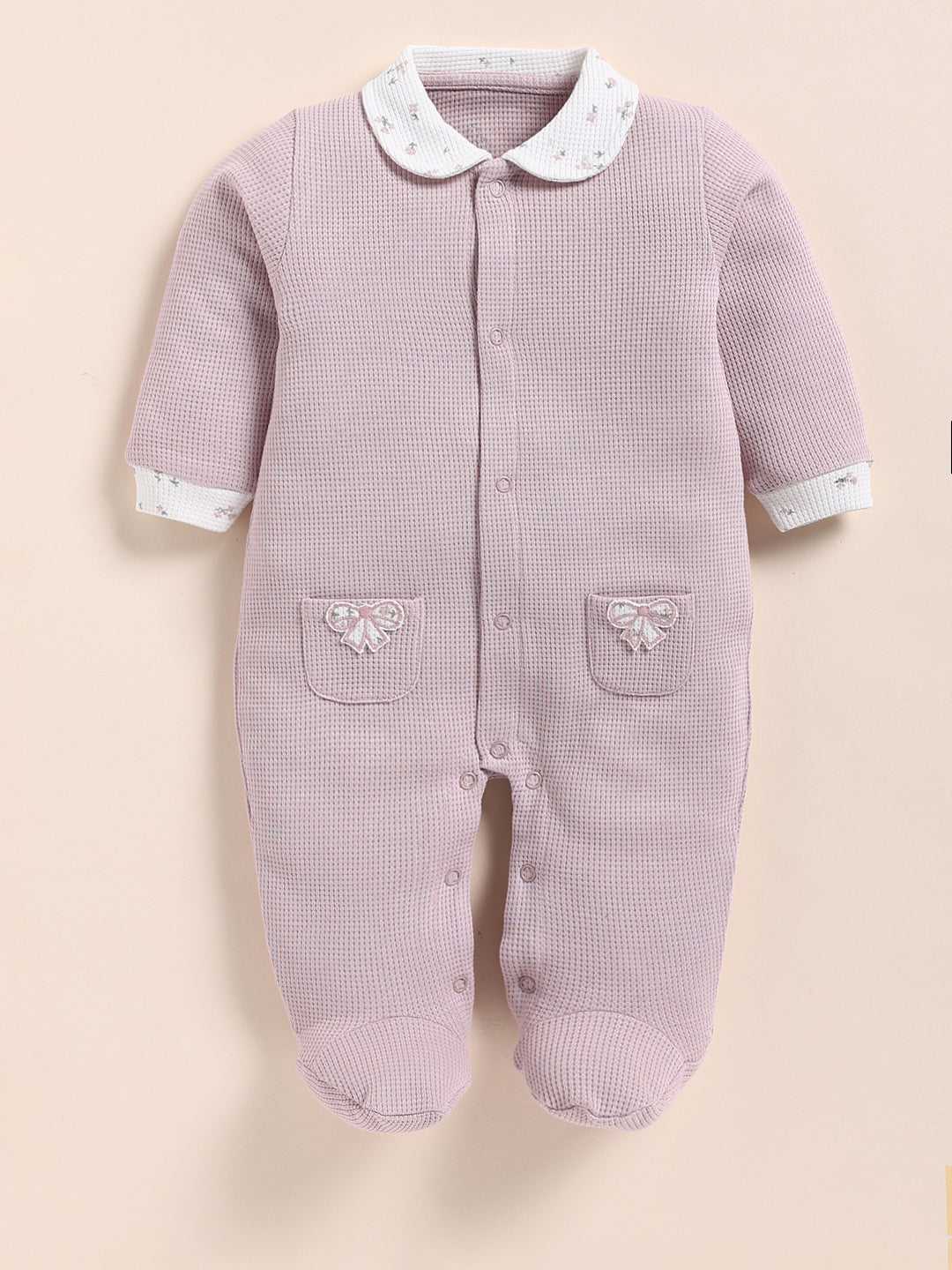 Full Sleeve Romper for Girls – Mauve Floral Collar Ribbed