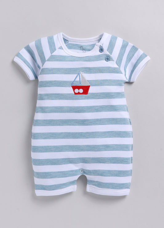 Baby Boy Ship embroidered half sleeves Romper-Blue