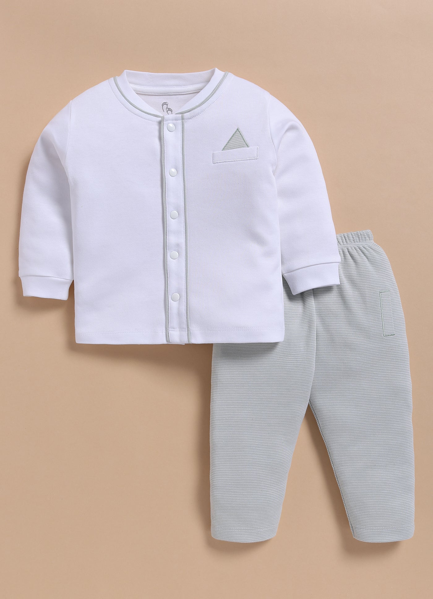 Full-Sleeve Top & Bottom Set for Boys – White & Soft Green Classic