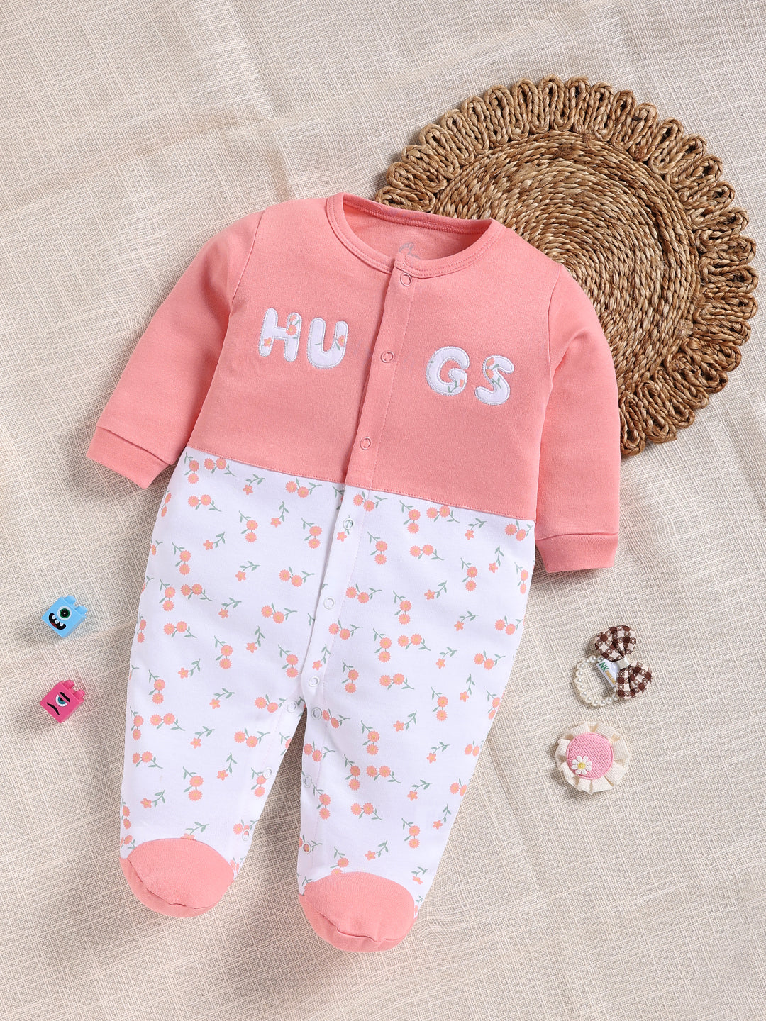 Full Sleeve Romper for Girls – Coral Pink Floral & Peach