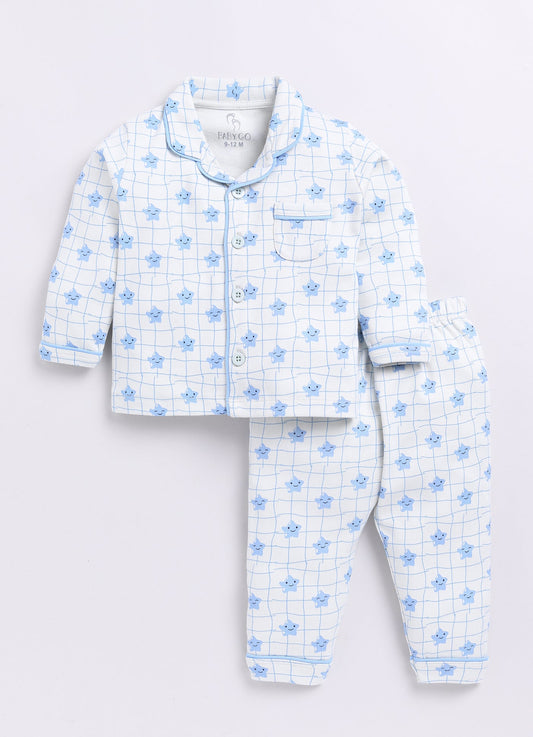 Cute Star Fish Printed Baby Boy Full Sleeve Night Suit-WHITE
