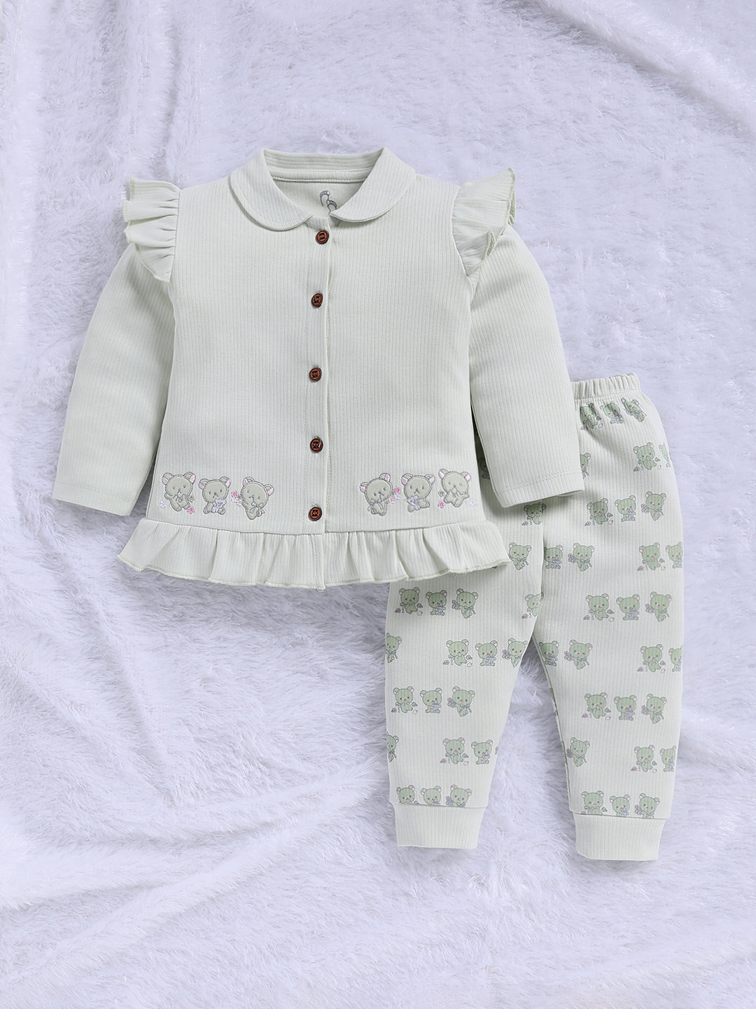 Top & Bottom for Girls - Mint Green Bear Print Ruffle Tunic & Trousers Set