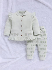 Top & Bottom for Girls - Mint Green Bear Print Ruffle Tunic & Trousers Set