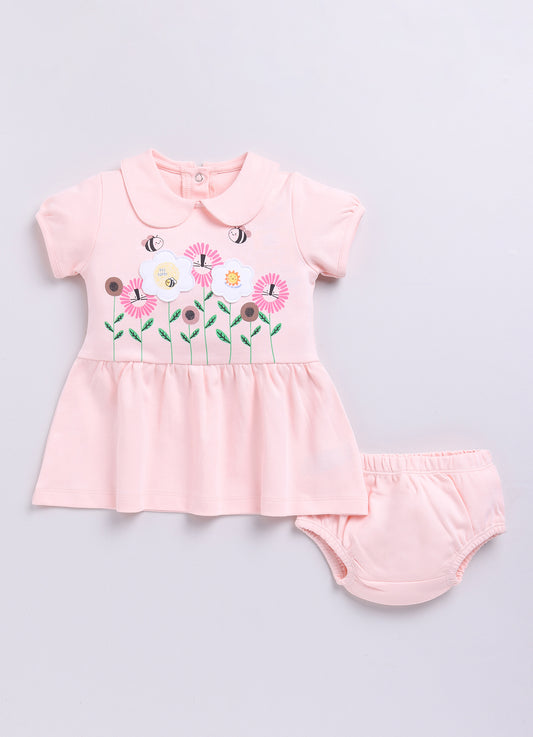 Baby Girl Peter Pan Collar Dress with Flowers & Bees-PINK