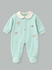 Hearts Embroidered Collared Fleece-Lined Full Sleeve Romper for Girls - Mint Green