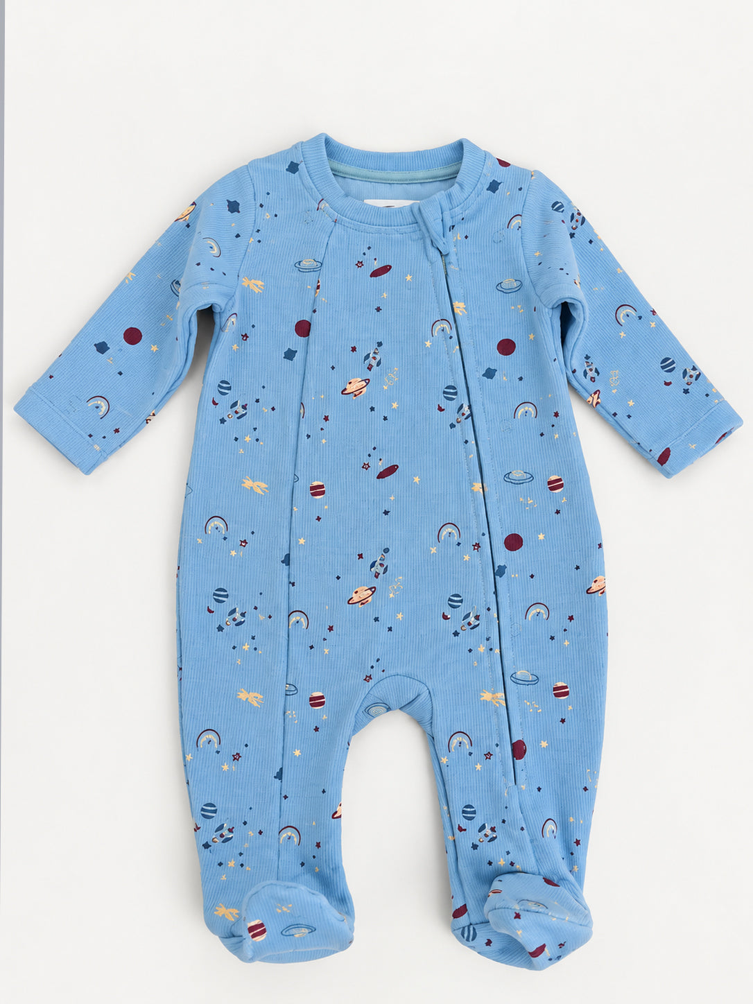 Cosmic Space Explorer Printed Waffle Knit Full Sleeve Romper for Boys - Sky Blue