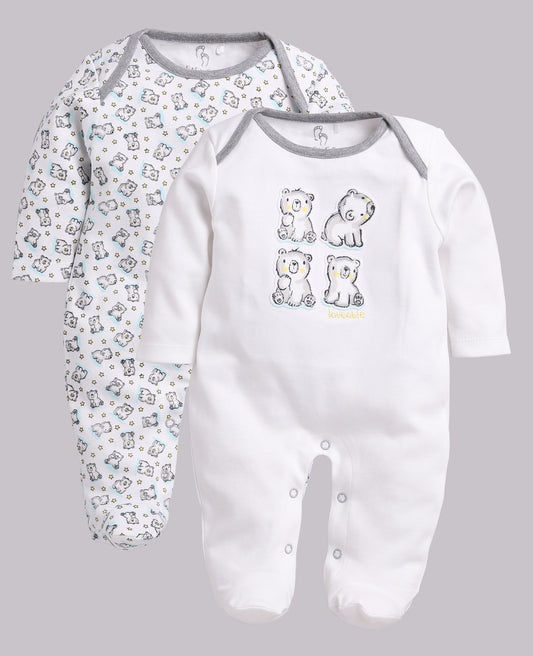 Pack of 2, Full Sleeve Footed Romper/Sleepsuit for Baby Girls- WHITE