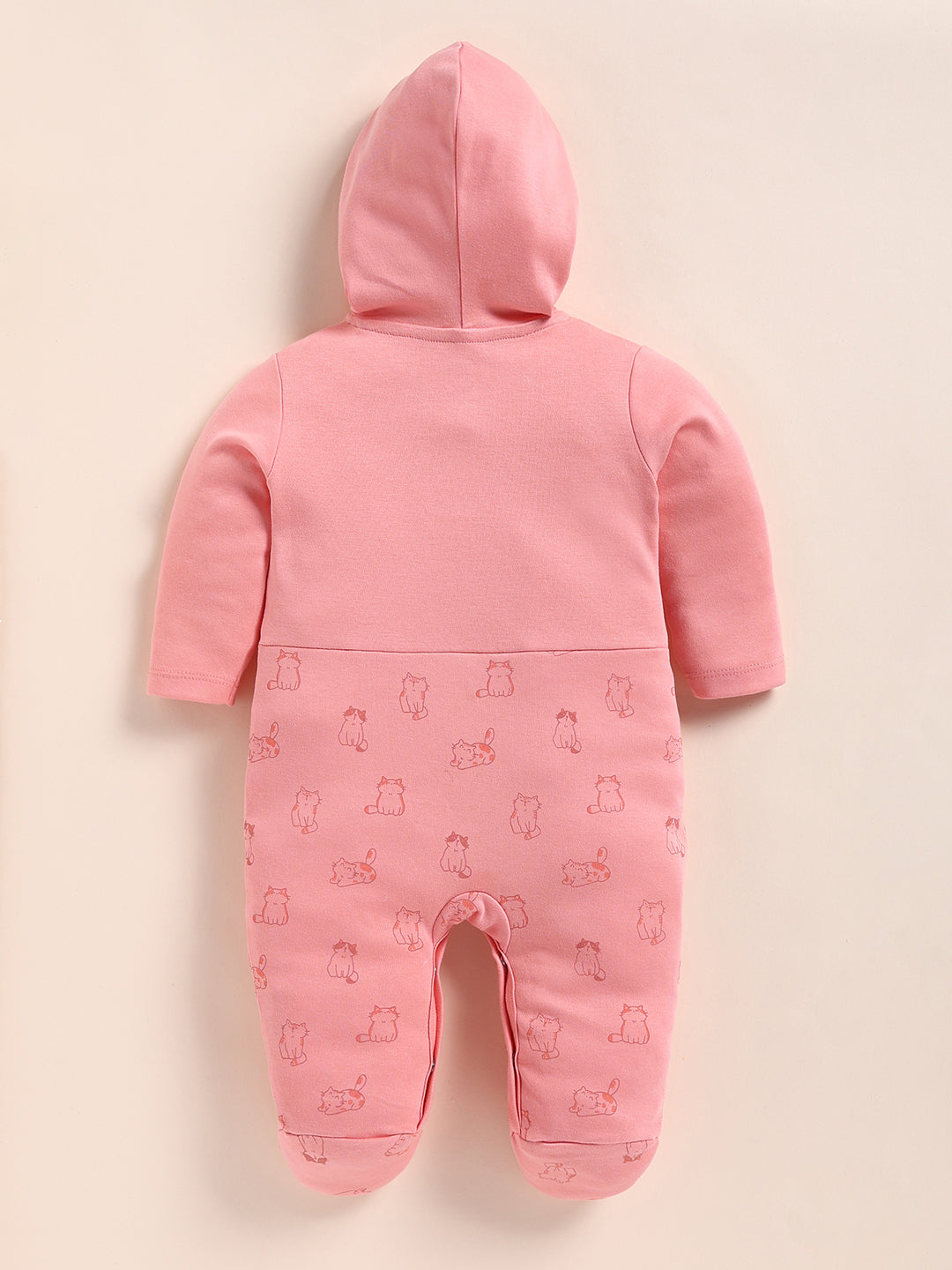 Full Sleeve Romper for Girls - Peach Pink Cute Cat with Hood