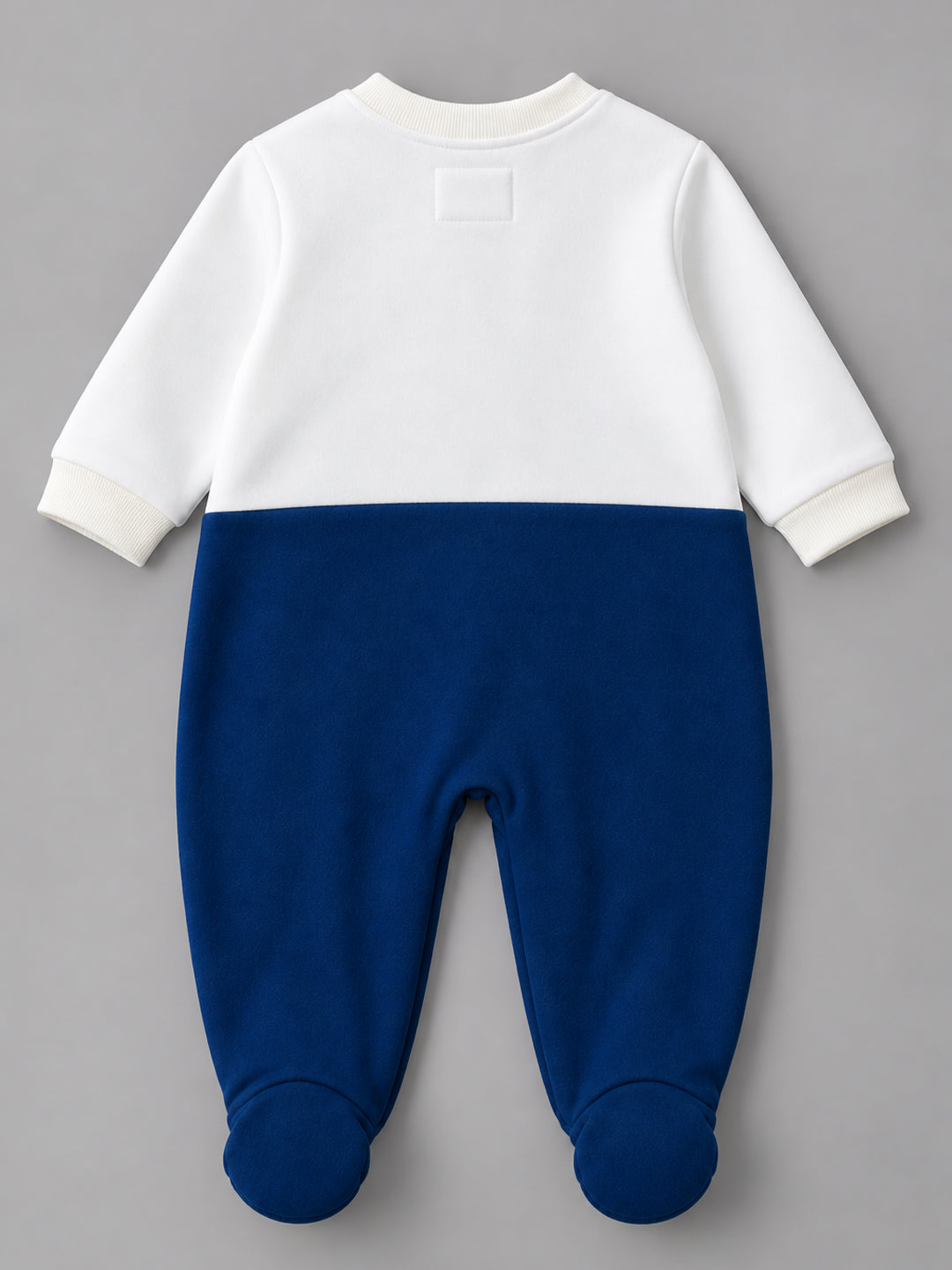 Bunny Embroidered Footed Full Sleeve Romper for Boys - White & Royal Blue